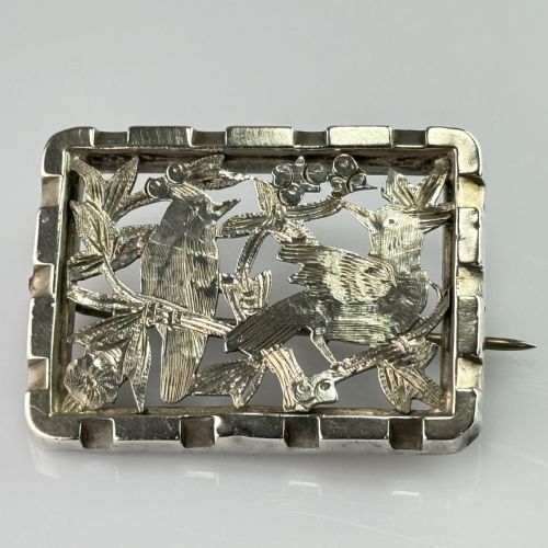 Antique Silver Birds of Paradise 'Lover's" Brooch