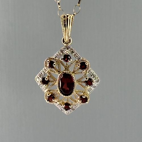 9ct Gold Art Deco Garnet & Diamond Pendant Necklace