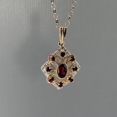 fig 1. 9ct Gold Art Deco Garnet & Diamond Pendant Necklace