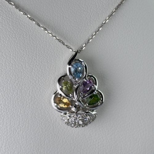 18ct White Gold Multi Gemstone & Diamond (0.64ct) Pendant Necklace