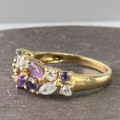 9ct Gold Amethyst, Blue Topaz & Tanzanite Cluster Ring