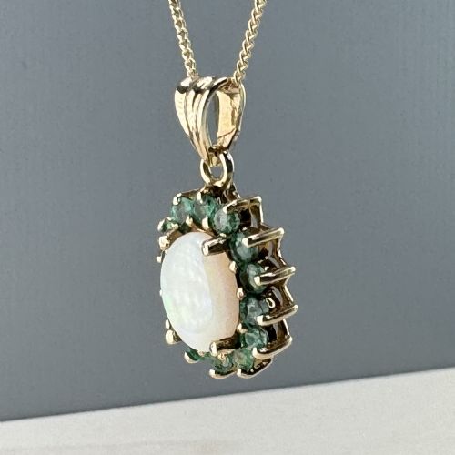 fig 1. 9ct Gold Opal & Emerald Cluster Pendant Necklace