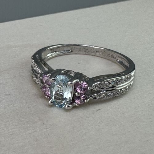 fig 1. 9ct White Gold Aquamarine, Pink Sapphire & Diamond Dress Ring
