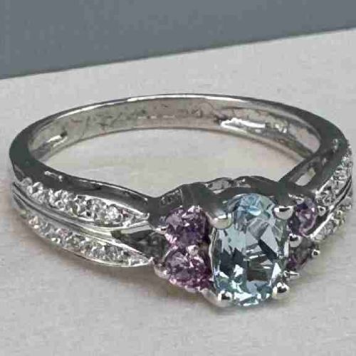 9ct White Gold Aquamarine, Pink Sapphire & Diamond Dress Ring