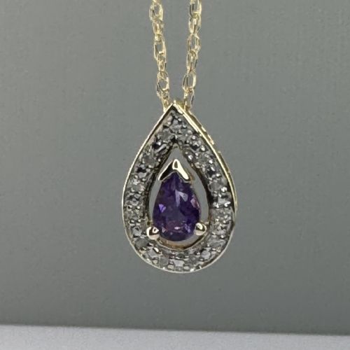 9ct Gold Pear Cut Amethyst & Diamond Cluster Pendant Necklace