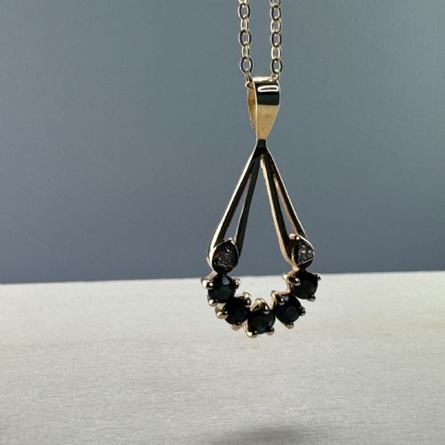9CT GOLD SAPPHIRE DIAMOND FAN PENDANT NECKLACE - ADDITIONAL PHOTO 7