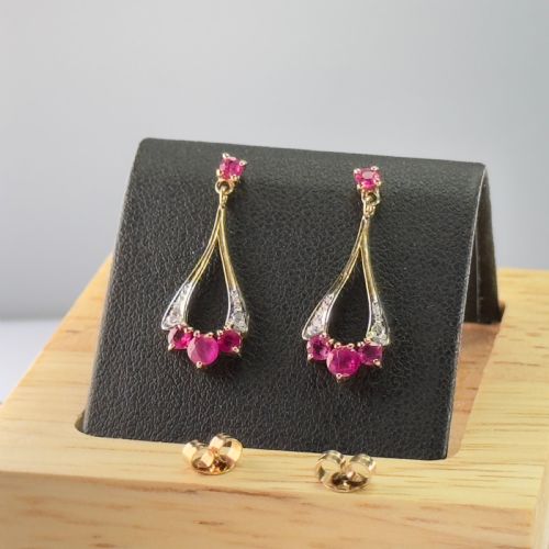 9ct Gold Ruby & Diamond Drop Earrings
