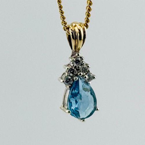 fig 1. 9ct Gold Pear Cut Blue Topaz & Diamond Pendant Necklace