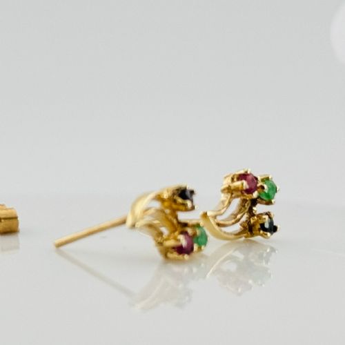 fig 1. 9ct Gold Sapphire, Emerald & Ruby Stud Earrings