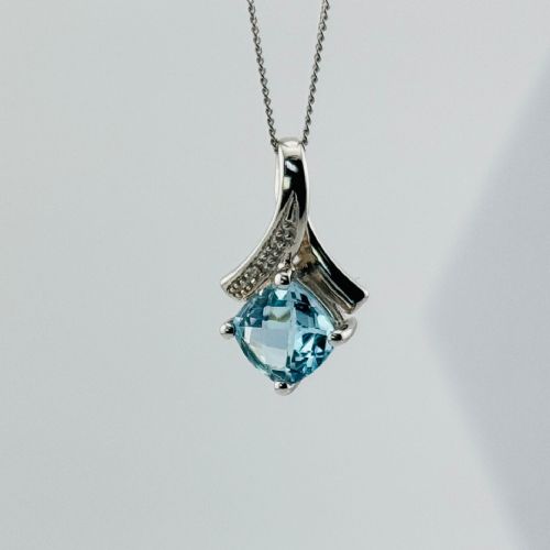 fig 1. 9ct White Gold Asher Cut Aquamarine & Diamond Pendant Necklace