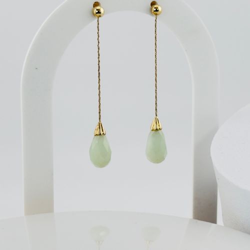9CT GOLD FACETED GREEN CHALCEDONY DANGLY EARRINGS - ADDITIONAL PHOTO 2