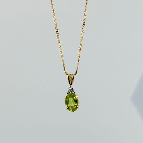 fig 1. 9ct Gold Oval Cut Peridot & Diamond Pendant Necklace
