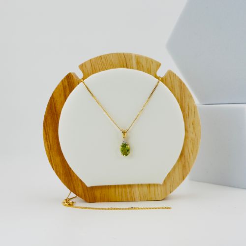 9ct Gold Oval Cut Peridot & Diamond Pendant Necklace