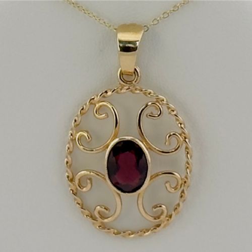 fig 1. 9ct Gold Mid-Century Arts & Crafts Pendant With Oval Cut Garnet Necklace