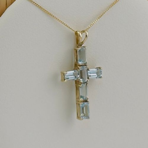 fig 1. 9ct Gold Aquamarine Cross Pendant Necklace