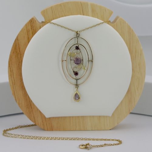 fig 1. 9ct Gold Art Nouveau Amethyst Lavaliere Pendant Necklace
