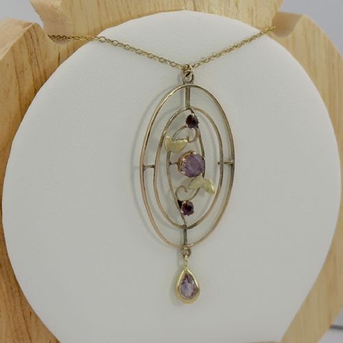 9ct Gold Art Nouveau Amethyst Lavaliere Pendant Necklace