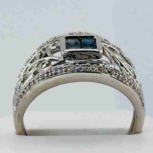fig 1. 9ct White Gold Princess Cut Sapphire & Diamond Filagreed Scrolled Ring Valentine's Special with Free Presentation Box