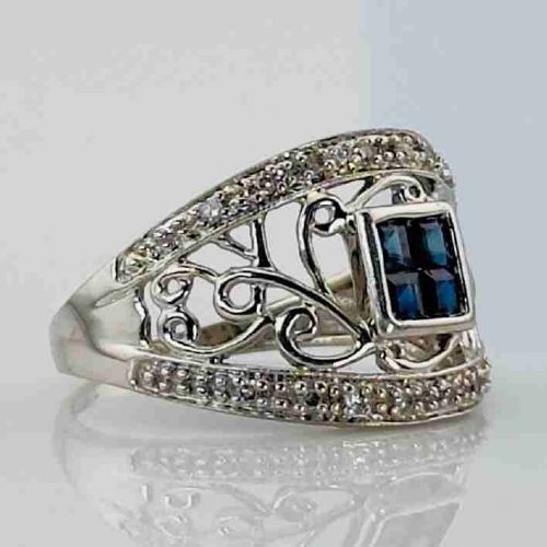 9ct White Gold Princess Cut Sapphire & Diamond Filagreed Scrolled Ring Valentine's Special with Free Presentation Box