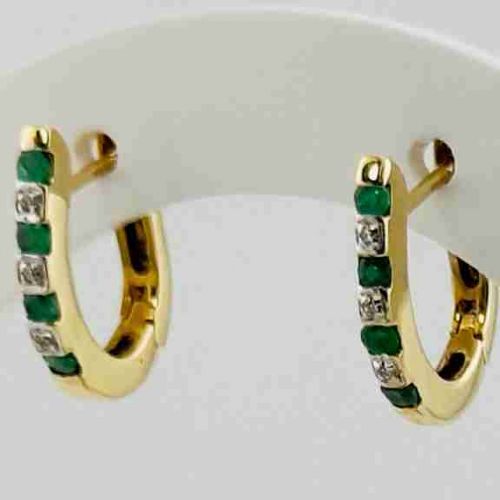 9ct Gold Emerald & Diamond Stud Hinge Close Back Earrings