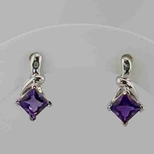 10ct White Gold Princess Cut Amethyst & Diamond Stud Earrings