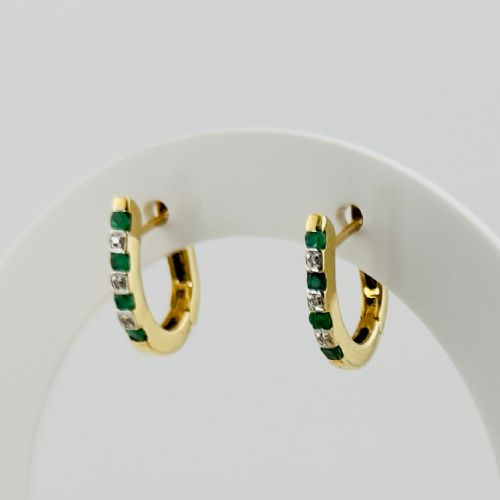 9ct Gold Emerald & Diamond Stud Hinge Close Back Earrings