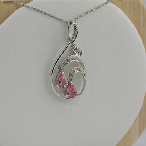 fig 1. 9ct White Gold Diamond & Pink Topaz Pendant Necklace