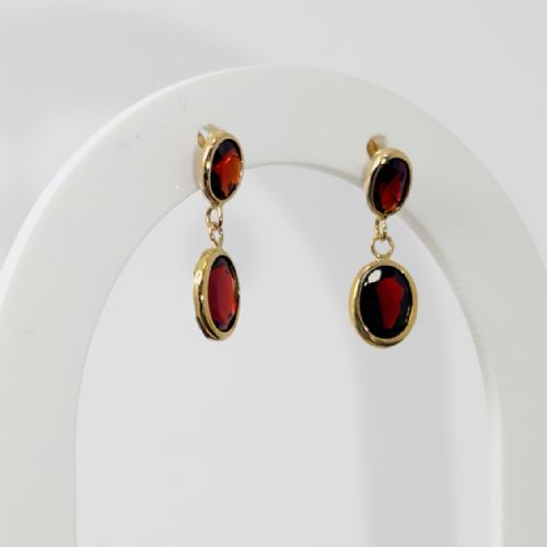 fig 1. 9ct Gold Double Oval Cut Garnet Drop Stud Earrings
