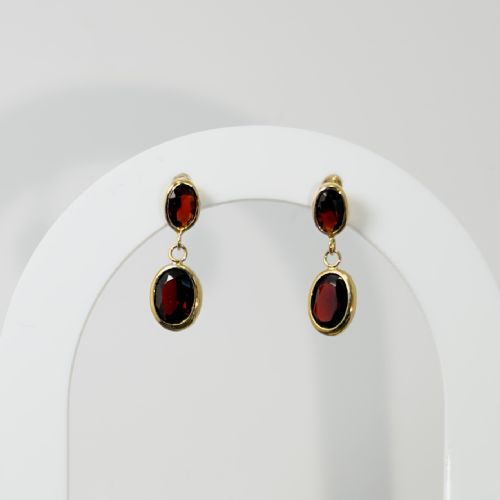 9ct Gold Double Oval Cut Garnet Drop Stud Earrings