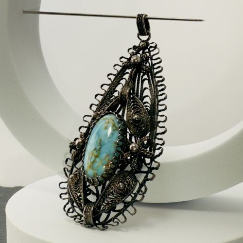 SILVER ART NOUVEAU LARGE FILIGREED TURQUOISE PENDANT - ADDITIONAL PHOTO 1