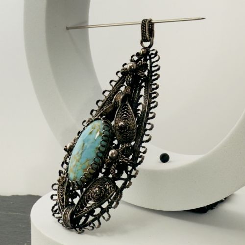SILVER ART NOUVEAU LARGE FILIGREED TURQUOISE PENDANT - ADDITIONAL PHOTO 2