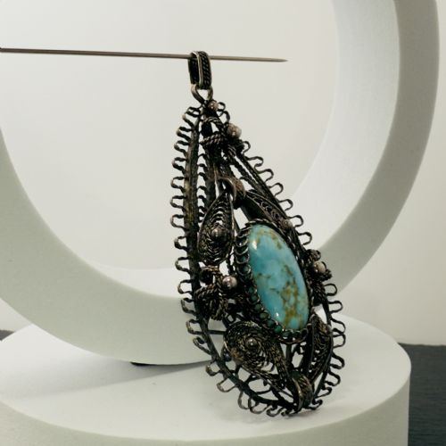 SILVER ART NOUVEAU LARGE FILIGREED TURQUOISE PENDANT - ADDITIONAL PHOTO 3