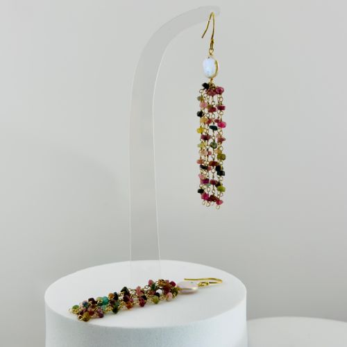 fig 1. 9ct Gold Baroques Pearl and Multi-Coloured Tourmaline Dangly Drop Earrings