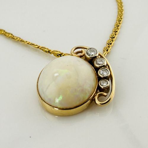 fig 1. 14ct Gold Mid-Century Large Cabochon Opal and Diamond Pendant Necklace
