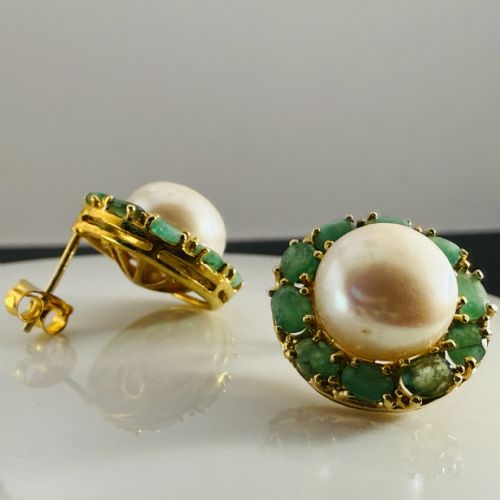 fig 1. 18ct Gold on Silver Large Cultural Pearl and Emerald Cluster Stud Earrings