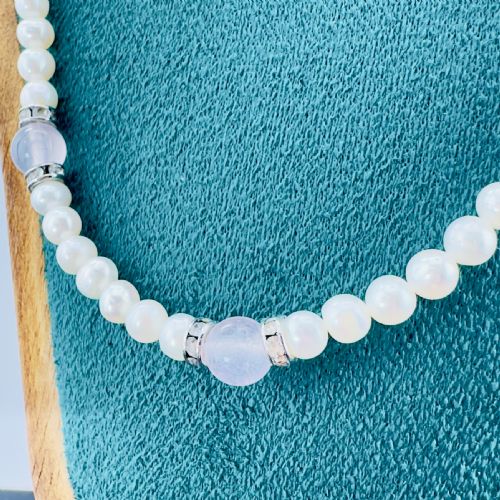 SILVER CULTURED PEARL WITH ROSE QUARTZ BEADS AND PASTE STONES NECKLACE - ADDITIONAL PHOTO 3