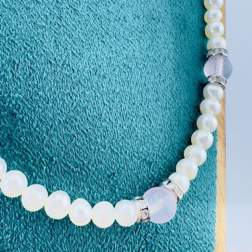 SILVER CULTURED PEARL WITH ROSE QUARTZ BEADS AND PASTE STONES NECKLACE - ADDITIONAL PHOTO 4