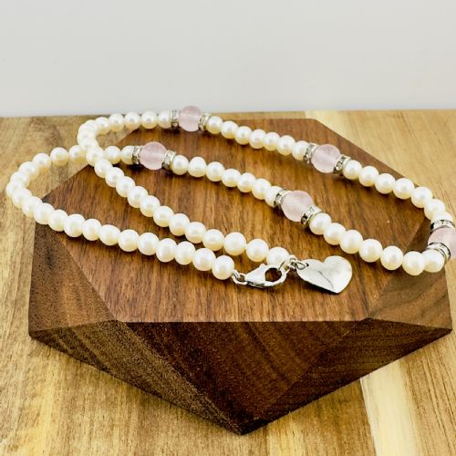 SILVER CULTURED PEARL WITH ROSE QUARTZ BEADS AND PASTE STONES NECKLACE - ADDITIONAL PHOTO 5