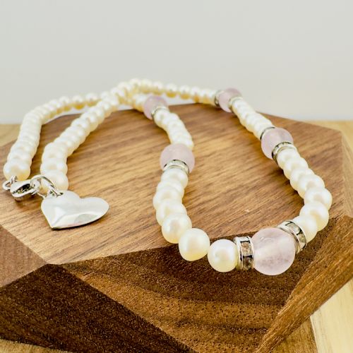 SILVER CULTURED PEARL WITH ROSE QUARTZ BEADS AND PASTE STONES NECKLACE - ADDITIONAL PHOTO 6