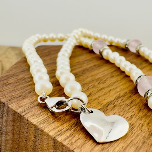 SILVER CULTURED PEARL WITH ROSE QUARTZ BEADS AND PASTE STONES NECKLACE - ADDITIONAL PHOTO 7