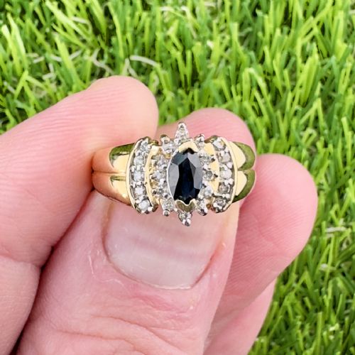 14ct Gold Vintage Marquis Cut Sapphire and Diamond Cluster Ring