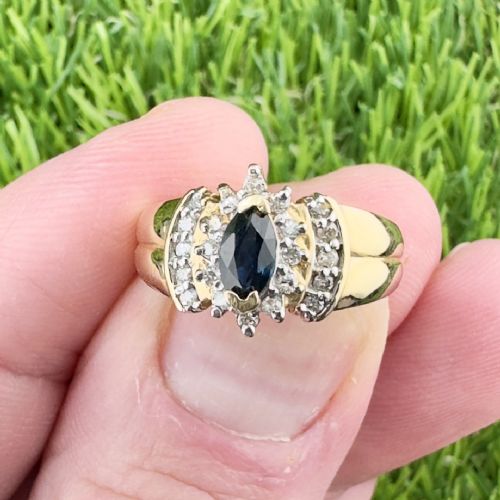 fig 1. 14ct Gold Vintage Marquis Cut Sapphire and Diamond Cluster Ring