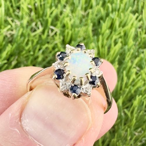 fig 1. 9ct Gold Opal Diamond and Sapphire Cluster Ring