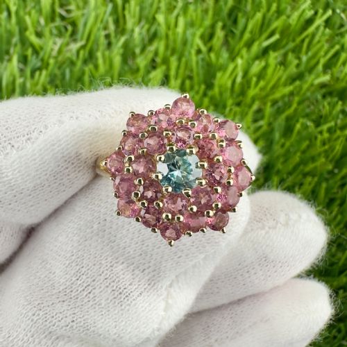 9ct Gold Aquamarine and Pink Topaz Cluster Ring