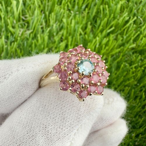 fig 1. 9ct Gold Aquamarine and Pink Topaz Cluster Ring