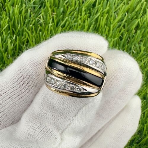 14ct Gold Heavy Black Onyx and Diamond Cluster Ring