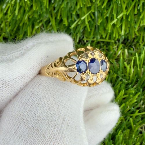 fig 1. 18ct Gold Victorian Triple Stone Sapphire And Old Cut Diamond Ring, C.1890