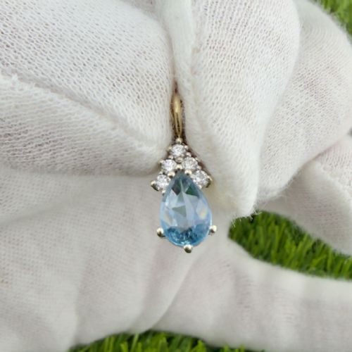 fig 1. 9ct Gold Pear Cut Blue Topaz and Diamond Pendant