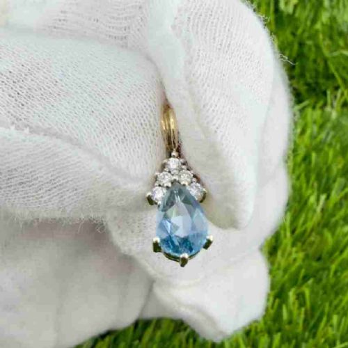 9ct Gold Pear Cut Blue Topaz and Diamond Pendant