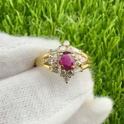18ct Gold Ruby & Baguette & Round Cut Diamond Cluster Ring